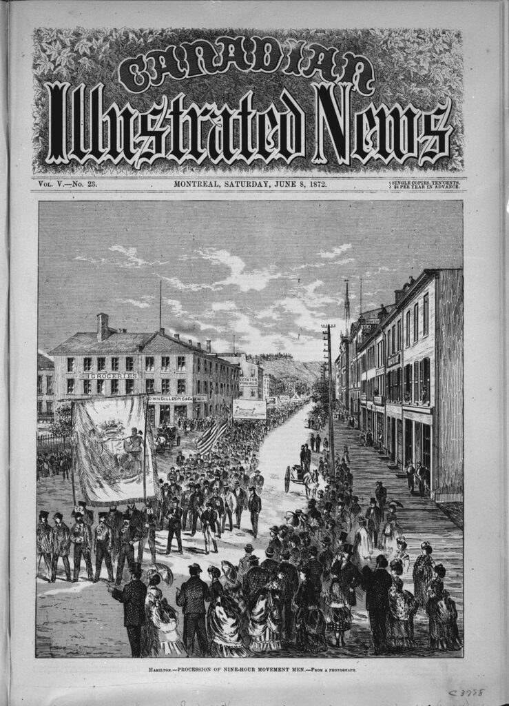 Men march in Hamilton as part of the Nine-Hour Movement